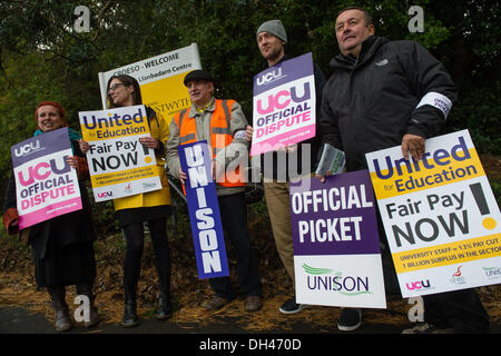 Aberystwyth Wales UK, giovedì 31 Ott 2013 membri di unire, Unison e UCU (Università e College unione) di picchetti fuori Aberysytwyth University in segno di protesta contro l'attuale offerta pay. Giunto il giorno di azione dai tre principali istruzione sindacati del settore è nel perseguimento dei loro crediti per "retribuzione equa nel settore dell istruzione superiore' Credit: keith morris/Alamy Live News Foto Stock