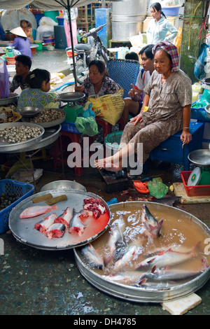 Regime di stallo e di persone in un cibo street market. Can Tho city. Delta del Mekong, Vietnam, in Asia. Foto Stock