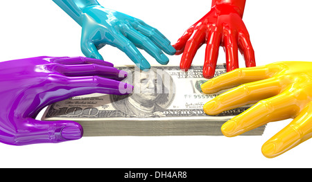 Un gruppo di lucida mani multicolore di raggiungere e grapping presso un batuffolo di un centinaio di us dollar banconote Foto Stock