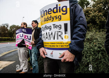 Aberystwyth Wales UK, giovedì 31 Ott 2013 membri di unire, Unison e UCU (Università e College unione) di picchetti fuori Aberysytwyth University in segno di protesta contro l'attuale offerta pay. Giunto il giorno di azione dai tre principali istruzione sindacati del settore è nel perseguimento dei loro crediti per "retribuzione equa nel settore dell istruzione superiore' Credit: keith morris/Alamy Live News Foto Stock