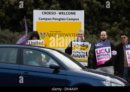 Aberystwyth Wales UK, giovedì 31 Ott 2013 membri di unire, Unison e UCU (Università e College unione) di picchetti fuori Aberysytwyth University in segno di protesta contro l'attuale offerta pay. Giunto il giorno di azione dai tre principali istruzione sindacati del settore è nel perseguimento dei loro crediti per "retribuzione equa nel settore dell istruzione superiore' Credit: keith morris/Alamy Live News Foto Stock