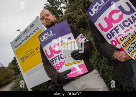 Aberystwyth Wales UK, giovedì 31 Ott 2013 membri di unire, Unison e UCU (Università e College unione) di picchetti fuori Aberysytwyth University in segno di protesta contro l'attuale offerta pay. Giunto il giorno di azione dai tre principali istruzione sindacati del settore è nel perseguimento dei loro crediti per "retribuzione equa nel settore dell istruzione superiore' Credit: keith morris/Alamy Live News Foto Stock