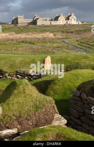 Isole di Orkney, Scozia. Vista pittoresca dell'insediamento neolitico a Skara Brae. Foto Stock