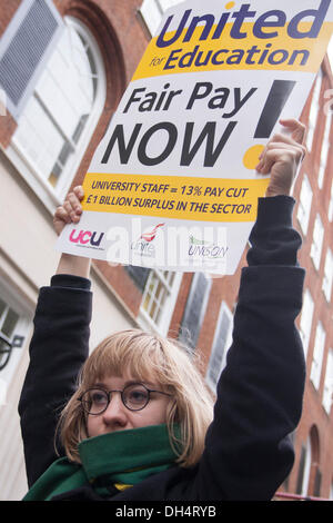 Londra, Regno Unito. Il 31 ottobre 2013. Un manifestante trattiene il suo banner in quanto colpisce i docenti, studenti, Unison, unite e UCU combinato con picchetti e a marzo per chiedere più equa aumenti salariali e un salario di sussistenza per basso pagato università del personale di supporto. Credito: Paolo Davey/Alamy Live News Foto Stock