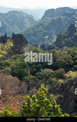 Vista verticale attraverso il pittoresco pietre calcaree carsiche di Phou Hin Boon il parco nazionale. Foto Stock