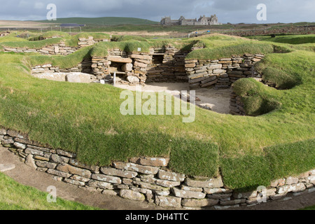 Isole di Orkney, Scozia. Vista pittoresca dell'insediamento neolitico a Skara Brae. Foto Stock