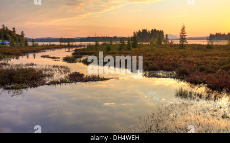 Sunrise nuvole riflettono in marrone tratto di ingresso off Raquette Lago nelle Montagne Adirondack (HDR) Foto Stock