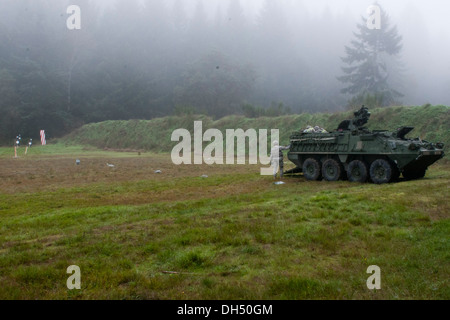 Soldati con la società, secondo battaglione, 1° Reggimento di Fanteria, 2-2 Stryker Brigade Combat Team, 7° Divisione di Fanteria, impegnare un Foto Stock