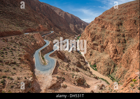 Strada tortuosa in Dades gorge, Marocco Foto Stock