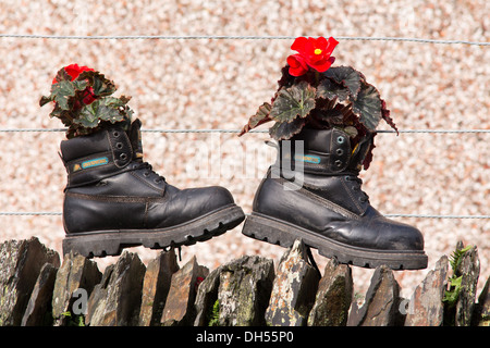 Penrhyn stazione a Blaenau Ffestiniog Steam Railway - un paio di stivali neri con fiori Foto Stock