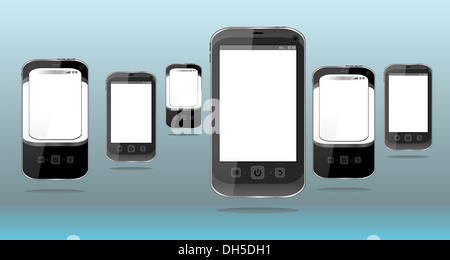 Telefoni intelligenti impostati su un astratto sfondo blu Foto Stock