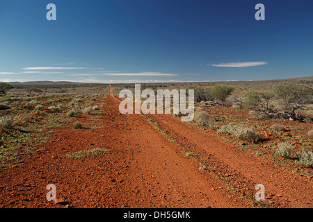 Outback australiano paesaggio con rosso lungo strada che conduce attraverso vaste pianure con bassa verde oliva vegetazione da lontano orizzonte nel nord sud Aust. Foto Stock