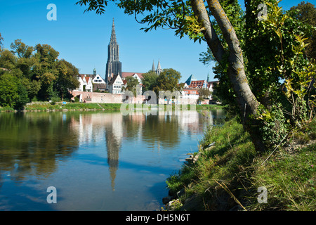 Vista da Neu-Ulm in Baviera sul Danubio a Ulm con il Minster, Svevia, Baden-Wuerttemberg, PublicGround Foto Stock