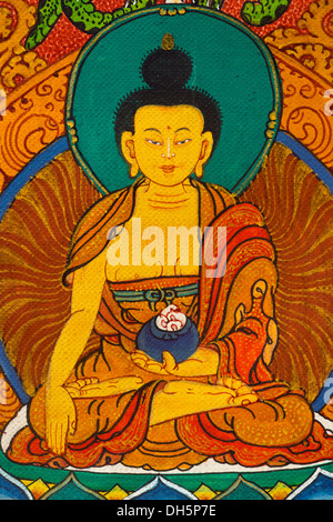 Medicina, Buddha Shakyamuni, tenendo la panacea 'Myrobalan', rappresentazione su un thangka, scorrere la pittura del Buddhismo Tantrico Foto Stock