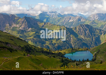 Seealpsee lago di montagna Nebelhorn, vista da Laufbacher Eck-Weg sentiero escursionistico, Algovia, Allgäuer Alpen, Baviera, Germania Foto Stock