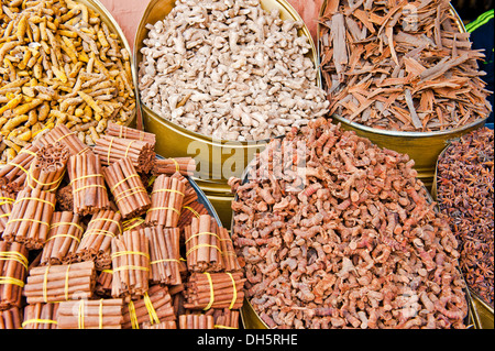 Varie spezie sono venduti in una fase di stallo nei souks, area bazaar, Marrakech, Marocco, Africa Foto Stock