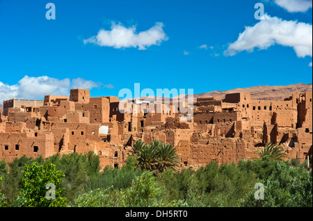 Le rovine di un antico villaggio di fango-case murate, Ksar o Ksour, Tinghir o Tinerhir, Marocco, Africa Foto Stock