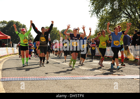 I corridori celebrare come si attraversa la linea di arrivo al termine della trentottesima annuale di Marine Corps Marathon, Washington D.C., Ott. 27, Foto Stock