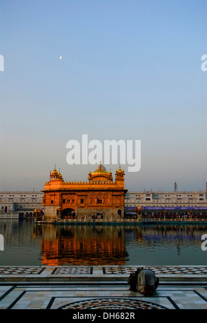 Un Sikh inginocchiarsi e pregare davanti al tempio dorato, Amritsar, India, Asia Foto Stock