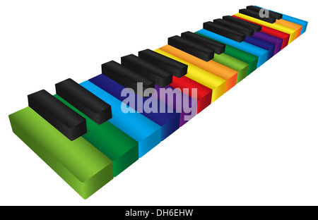 Tastiera di pianoforte con colori Arcobaleno chiavi in 3D isolati su sfondo bianco illustrazione Foto Stock