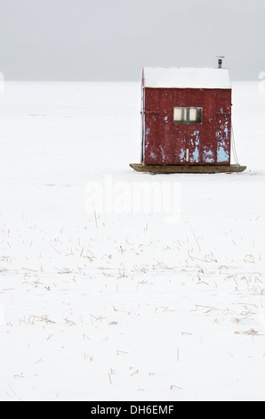 Un ghiaccio rosso-rifugio di pesca in una tempesta di neve sul Lago Eagle, Parco Nazionale di Acadia, Maine. Foto Stock