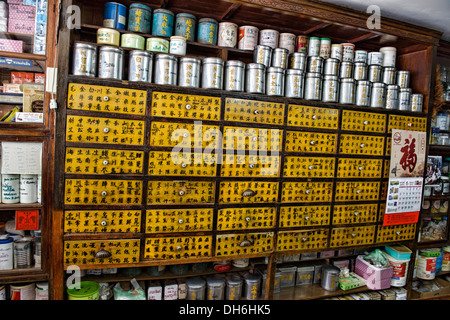 La medicina tradizionale cassetti in farmacia della storica Sino portoghese waterfront district di Chanthaburi, Thailandia Foto Stock