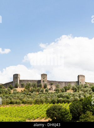 Monteriggioni, Regione Toscana, Italia. Vigneto di fronte le antiche mura medievali Foto Stock