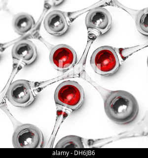 Conceptual 3D Rendering immagine con profondità di campo effetto di sfocatura. Sfere collegate tra loro grazie a una struttura in vetro. Sphères rosso. Foto Stock