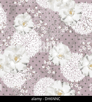 Modello senza cuciture con fiori sfondo floreale con rose e fiori di ciliegio Foto Stock