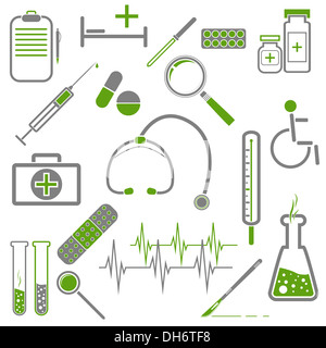 Set di icone di medici con verde e grigio. Foto Stock
