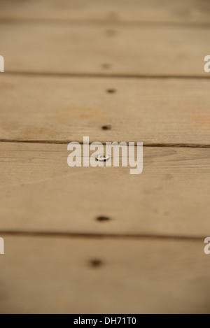 La linea dei fori per le viti nel vecchio e stagionato tavole di legno. Solo una vite rimanente. Foto Stock