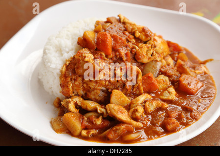 Pollo al curry piccante e riso sul piatto Foto Stock