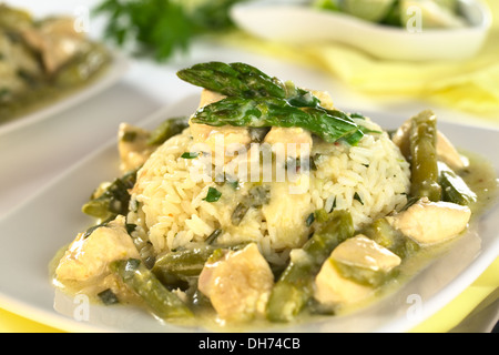 Asparagi verdi e il pollo in fricassea con riso (messa a fuoco selettiva, Focus sulla prima punta di asparagi sul riso) Foto Stock