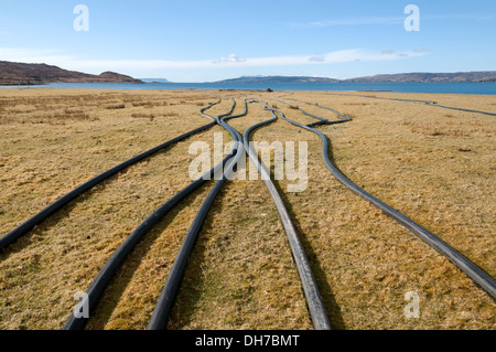 In plastica o gomma tubi appoggiati su un campo a Inverguseran. Knoydart, regione delle Highlands, Scotland, Regno Unito. Funzione sconosciuta. Foto Stock