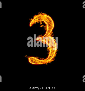 Fire Alphabet Number 3 tre isolati su sfondo nero. Foto Stock