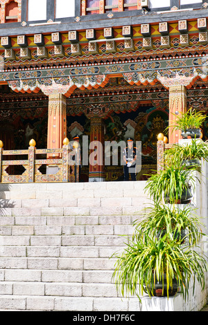 Tashi Dzong Chhoe,Fortezza,motivi,Giardino di Rose,re l'ingresso,vicina residenza,Festival e centro di amministrazione,Thimphu,Bhutan Foto Stock