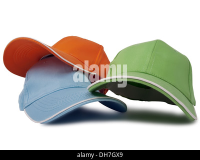 Tre i cappelli da baseball isolati su sfondo bianco Foto Stock