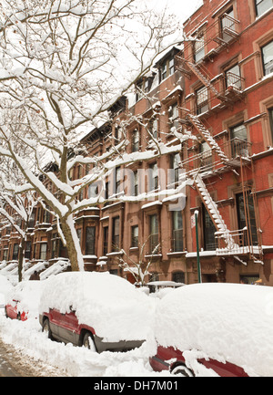 Auto e china sepolto nella neve al Park Slope quartiere di Brooklyn, NY dopo un mese di gennaio 2011 tempesta di neve. Foto Stock