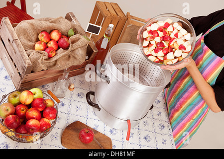 Far bollire le mele, rendere il succo di mela stessa, su un tavolo, molte diverse varietà di mele Foto Stock