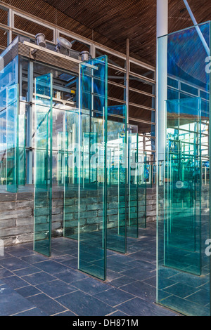 Il campo di gruppo al di fuori del Senedd nella Baia di Cardiff Galles. Moderni pannelli di vetro formano una pausa di vento sia funzionale e artistica. Foto Stock