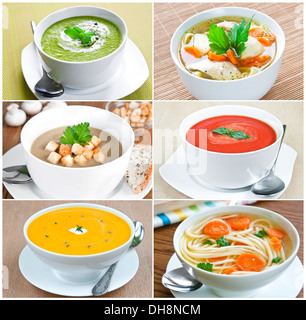 Collage di sei immagini con selezione di zuppe di verdure Foto Stock