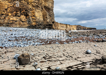 Punto di Nash, un promontorio e la spiaggia della Costa Monknash della Vale of Glamorgan nel Galles del Sud. Foto Stock