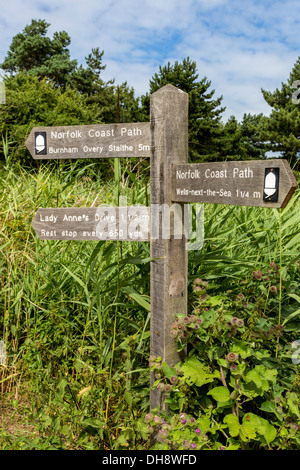 Il Norfolk Coast path segno del dito a Wells, Norfolk, Regno Unito. Foto Stock