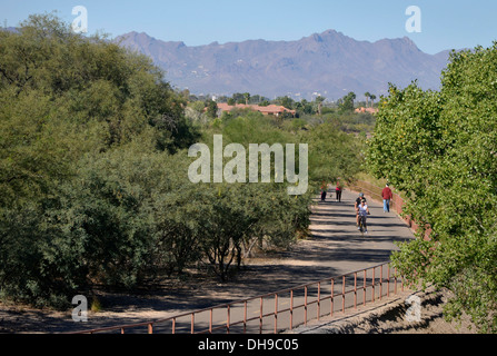 Gli appassionati di outdoor attraversano il loop al Rillito River Park a ovest della strada Craycroft in Tucson, Arizona, Stati Uniti. Foto Stock