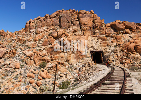 Mountain bike la Carrizo Gorge Railroad via, Anza-Borrego Desert State Park, California. Foto Stock