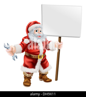 Illustrazione del fumetto di Santa tenendo la chiave inglese e il segno, grande per il meccanico, idraulico o hardware shop Natale la vendita o la promozione Foto Stock