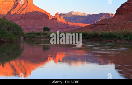 Immagine panoramica della Fisher Towers parzialmente illuminata dal sole del tardo pomeriggio si riflette nel fiume Colorado vicino a Moab,Utah Foto Stock