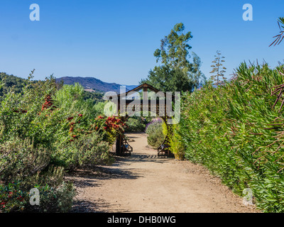 Un asiatico ispirato legno 'Luna Nuova Gate' presso il monte di meditazione in Ojai, California. Foto Stock