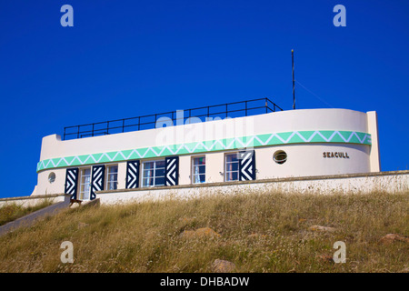 Barge arenarsi, 1930 a forma di barca di follia, St. Ouen's Bay, Jersey, Isole del Canale Foto Stock