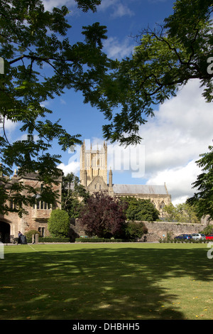 Vescovi giardino del palazzo e la Cattedrale di Wells, Somerset, Regno Unito Foto Stock